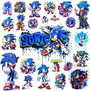 Könnte beinhalten: Eine Sammlung verschiedener Illustrationen der Figur Sonic the Hedgehog, die den blauen Igel in zahlreichen Posen, Outfits und künstlerischen Stilen zeigen, einschließlich Graffiti-inspirierten Designs, Action-Szenen und dem Wort SONIC in blau.