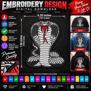 Cobra Embroidery Design Snake Digital File King Cobra Machine Embroidery Pattern Reptile Patch DST PES JEF 6.20 x 7.86 Inch