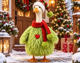 23 Inch Porch Goose Christmas Costume, Fluffy Green Furry Monster Outfit, Holiday Goose Statue Clothing, Winter Front Porch Yard Decor