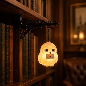 Könnte beinhalten: Eine leuchtende, cremefarbene Eulenlampe, die an einer schwarzen Metallhalterung mit Schnörkeln hängt. Die Eule hat große, dunkle Augen und hält einen kleinen weißen Umschlag mit einem roten Wachssiegel im Schnabel.