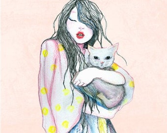 AKI - Artprint of my painting of a japanese girl carrying her cat