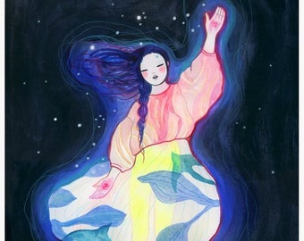 DANCING - Artprint of my painting of a japanese girl dancing in the night