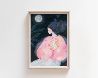 YUMIGAMI - Artprint of a painting of a japanese woman and her rabbit