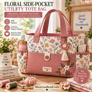 Puede incluir: Un bolso tote utilitario con estampado floral, base de tela rosa con flores bordadas, bolsillo central con botón de madera y bolsillos laterales. Incluye un dije de flor de ganchillo con borla y dos asas superiores resistentes.