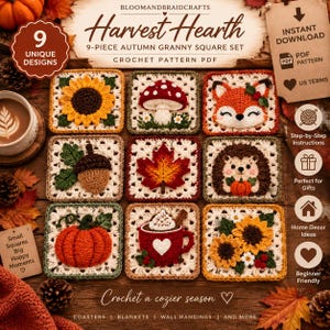 Puede incluir: Un conjunto de 9 patrones de ganchillo de cuadrados de la abuela con temática otoñal titulado Harvest Hearth. Los diseños incluyen un girasol, una seta, un zorro, una bellota, una hoja de arce, un erizo, una calabaza, una taza y flores.