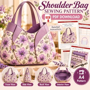 Op de afbeelding: Een PDF-download voor een schoudertas naaipatroon met een bloemenprint van paarse bloemen op een crèmekleurige achtergrond, effen paarse accenten, twee handvatten en een blaadjesvormige bedel. Inclusief instructiepagina's en A4-patroonvellen.