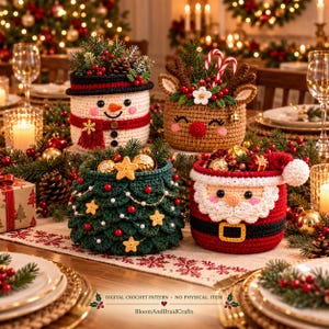 May include: Four festive crochet baskets featuring a snowman, a reindeer, a Christmas tree, and Santa Claus. Each basket is filled with holiday greenery and ornaments. Text at the bottom reads: DIGITAL CROCHET PATTERN • NO PHYSICAL ITEM BloomAndBraidCrafts.