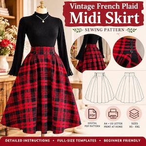 May include: A midi skirt sewing pattern featuring a red and black plaid fabric, a high waistband with three buttons on the side, and a flared silhouette. The image includes text reading Vintage French Plaid Midi Skirt, Sewing Pattern, Digital PDF Pattern, A4 + US Letter Print at Home, Sizes XS - XXL, Detailed Instructions, Full-Size Templates, and Beginner Friendly.