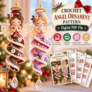 May include: Two crocheted angel ornaments with gold halos, white wings, and spiral dresses adorned with small flowers and pearls. Each features a clear teardrop crystal at the base. Includes text: CROCHET ANGEL ORNAMENT PATTERN Digital PDF File.