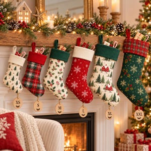 May include: A set of six Christmas stockings in sizes XS to XXL, hanging in a row. Each stocking features distinct holiday patterns including pine trees, red plaid, holly berries, and snowflakes, with wooden tags indicating their size.