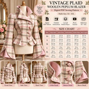 May include: A digital PDF sewing pattern for a vintage plaid woollen peplum blazer. The blazer features a high collar, flared sleeves with button accents, and a peplum waist. The image includes a size chart with measurements in inches and cm.