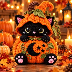 May include: A crocheted black cat plush toy wearing an orange pumpkin hat with green leaves and vines. The cat sits inside a large orange pumpkin base featuring a black crescent moon and star applique, a small gold bell collar, and pink paw pads.