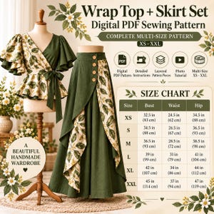 May include: A digital PDF sewing pattern for a wrap top and skirt set, featuring a size chart with measurements in inches and centimeters for sizes XS to XXL. The design includes a green and cream leaf-patterned fabric with a tie-waist top.