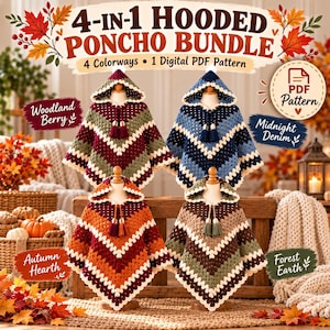 May include: A 4-in-1 hooded poncho bundle digital PDF pattern featuring four crochet ponchos in Woodland Berry, Midnight Denim, Autumn Hearth, and Forest Earth colorways. Each poncho has a chevron pattern, a hood, and two hanging tassels.