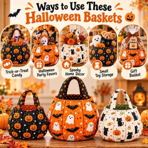 May include: Three fabric Halloween baskets with handles. One is black with orange pumpkins, one is orange with white ghosts and black bats, and one is white with black cats and pumpkins. Text reads: Ways to Use These Halloween Baskets.