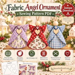 May include: A digital sewing pattern for a fabric angel ornament. The image displays three finished angel ornaments with wooden heads, heart charms, and floral or plaid fabric bodies. Text includes Fabric Angel Ornament, Sewing Pattern PDF, Instant Download, and various icons for step-by-step guides, printable templates, A4, US Letter, A0, materials, and cutting guides.