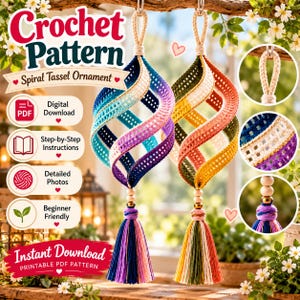 May include: Two spiral crochet ornaments with tassels, one in blue, purple, and white, the other in orange, yellow, and green. Text includes Crochet Pattern, Spiral Tassel Ornament, Digital Download, Step-by-Step Instructions, Detailed Photos, Beginner Friendly, and Instant Download.