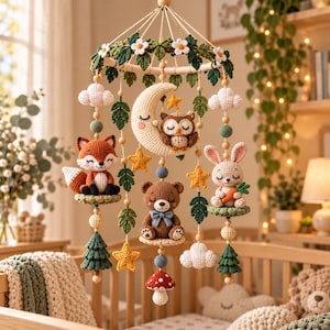 May include: A crochet baby mobile featuring a central cream moon with a sleeping owl, surrounded by a fox, a bear with a blue bow, and a rabbit holding a carrot. The mobile includes green leaves, white flowers, yellow stars, white clouds, and red mushrooms.