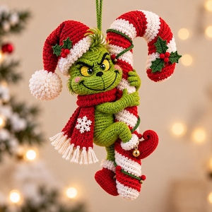 May include: A green crocheted character ornament wearing a red and white Santa hat and a red scarf with a white snowflake accent. The character is holding onto a large red and white striped candy cane decorated with green holly leaves and red berries.