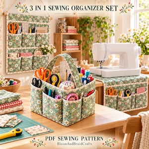 Sewing Organizer Pattern PDF | 3 in 1 Sewing Organizer Set | Hanging Wall Storage & Craft Room Caddy Design | Sewing Machine Mat Tutorial