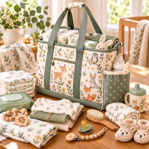 May include: A rectangular fabric diaper bag featuring a cream background with a forest animal and floral print, including a deer, fox, owl, and rabbit. The bag has sage green trim, two handles, and a side pocket containing a baby bottle and plush toy.