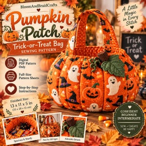 Pumpkin Trick-or-Treat Bag Sewing Pattern, Halloween Candy Bag (PDF)