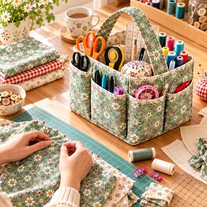 May include: A sage green fabric sewing organizer with a white daisy print, featuring a central handle and multiple exterior pockets filled with sewing supplies including scissors, thread spools, a rotary cutter, and a pincushion.