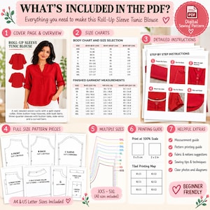 Blouse Sewing Pattern PDF for Women | Casual Loose Top Pattern |Roll Up Sleeve Shirt Pattern | Easy Sewing Project XS-5XL | Instant Download