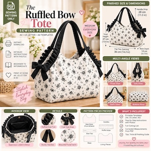 May include: A sewing pattern for The Ruffled Bow Tote, featuring a white bag with a black floral print and black ruffled side trim with bows. Includes diagrams for finished dimensions of 27 cm height, 36 cm width, and 14 cm depth.