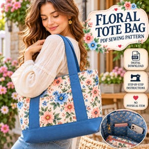 Pode incluir: Um molde de costura PDF para uma bolsa tote floral em tecido creme com flores rosas e azuis e folhas verdes. A bolsa tem alças azuis sólidas e uma base azul. Um detalhe mostra o interior com bolsos e uma pequena bolsa a condizer.