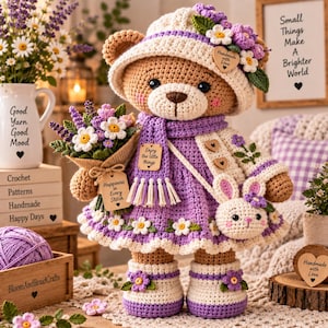 May include: A crocheted teddy bear wearing a cream hat with purple flowers, a purple scarf, and a purple dress with white flowers. The bear holds a bouquet of flowers with a tag reading Happiness in Every Stitch and carries a bunny-shaped bag.