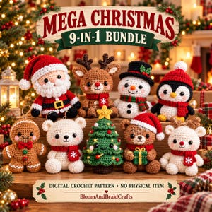 May include: A collection of nine crocheted Christmas figures including Santa, a reindeer, a snowman, a penguin, a gingerbread person, a polar bear, a tree, a bear with a gift, and a fawn, with text reading MEGA CHRISTMAS 9-IN-1 BUNDLE.