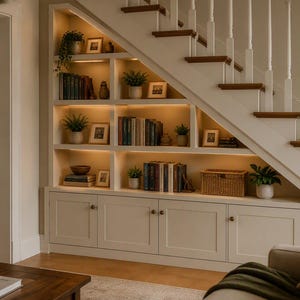 Puede incluir: Una unidad de almacenamiento blanca integrada con estantes abiertos y cuatro armarios inferiores instalados bajo una escalera. Los estantes cuentan con iluminación cálida integrada, exhibiendo varios libros, plantas verdes, marcos de fotos y una cesta tejida.