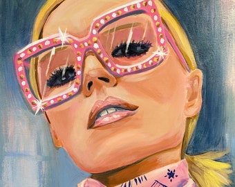 Feeling sparkly, woman with pink rhinestone glasses out for the night. 8x10"