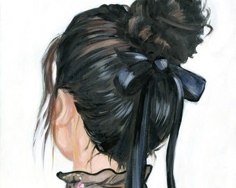 little black bow in messy bun, print of my original painting.