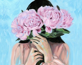 Peonies flowers print. A girl covers her face with a bunch of large pink peonies.