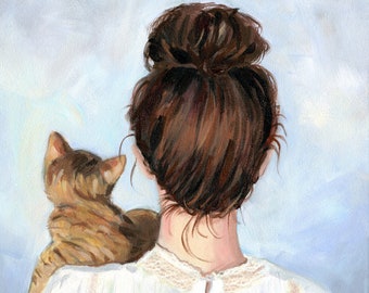 Tabby cat with woman, canvas reproduction of my original painting.