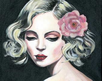 Canvasprint Vrouw met bloem: vintage art-decostijl