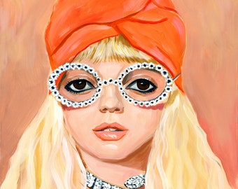 Fashion painting of a girl with rhinestone glasses. Reproduction canvas print 16x20"