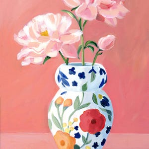 Peonies flowers in a decorative vase. A canvas print of my original painting. size is 12x16&quot;