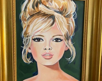 Brigitte Bardot, an original portrait painting in a vintage style gold frame.
