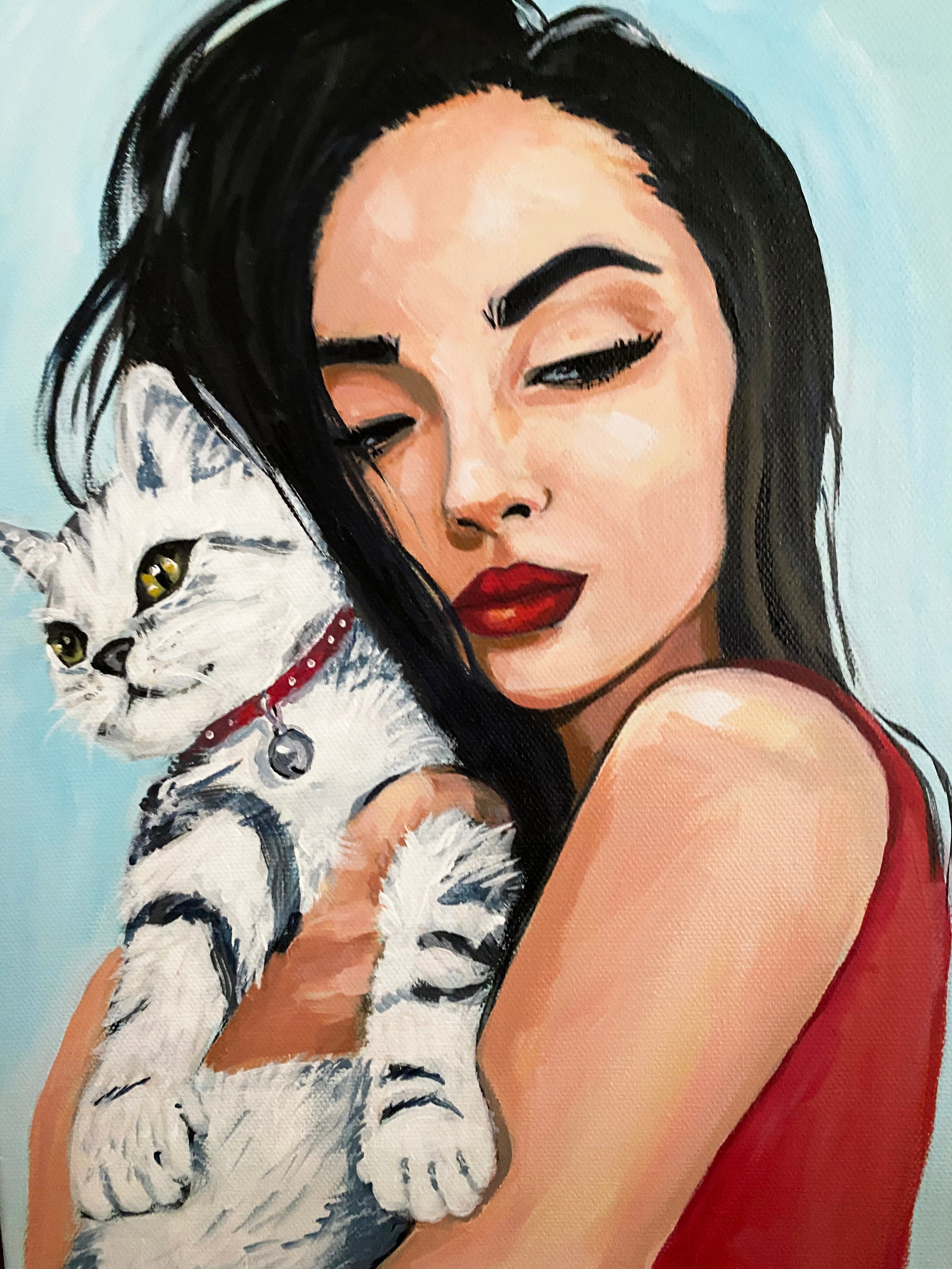 Woman and cat original portrait painting. Acrylic on canvas. Etsy