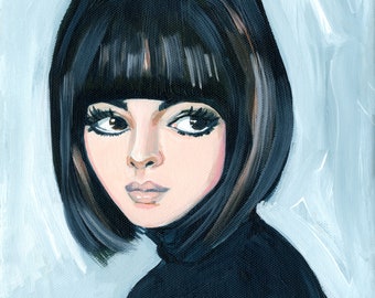 Mod girl, a print of my original portrait painting of a 1960's girl with a bob. 12x12" canvas deep sides.