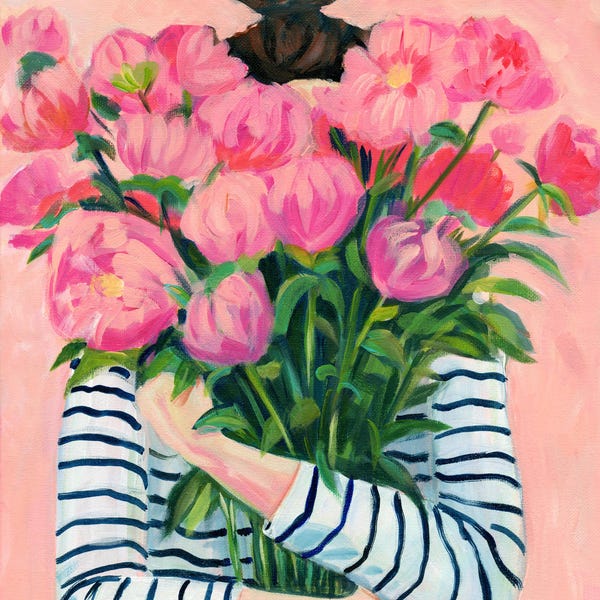 Peonies Girl Canvas Print: Colorful Floral Art, 9x12"