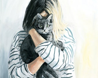 Cat lover print of my original painting. Girl hugging her cat. Cat lover gift.