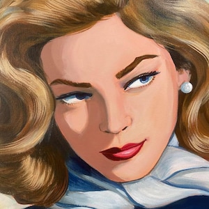 May include: A painting of a woman with blonde hair, wearing a blue jacket and a white scarf. She has blue eyes and red lipstick.