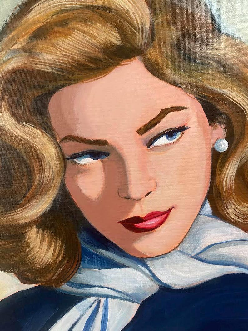 May include: A painting of a woman with blonde hair, wearing a blue jacket and a white scarf. She has blue eyes and red lipstick.