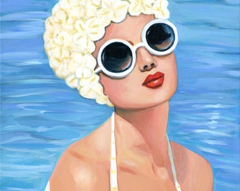 Vivian's last swim of summer, canvas print. Vintage woman in swim cap and sunglasses. 12x12"