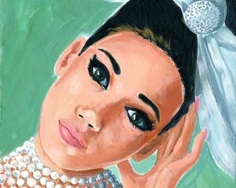 My  favorite pearls, a print of my original painting of a vintage girl with a pearl necklace and a big bow.