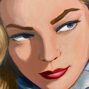 May include: Close-up of a woman's face with blue eyes and red lipstick. The woman is looking to the side with a slight smile. Her hair is blonde and styled in waves.